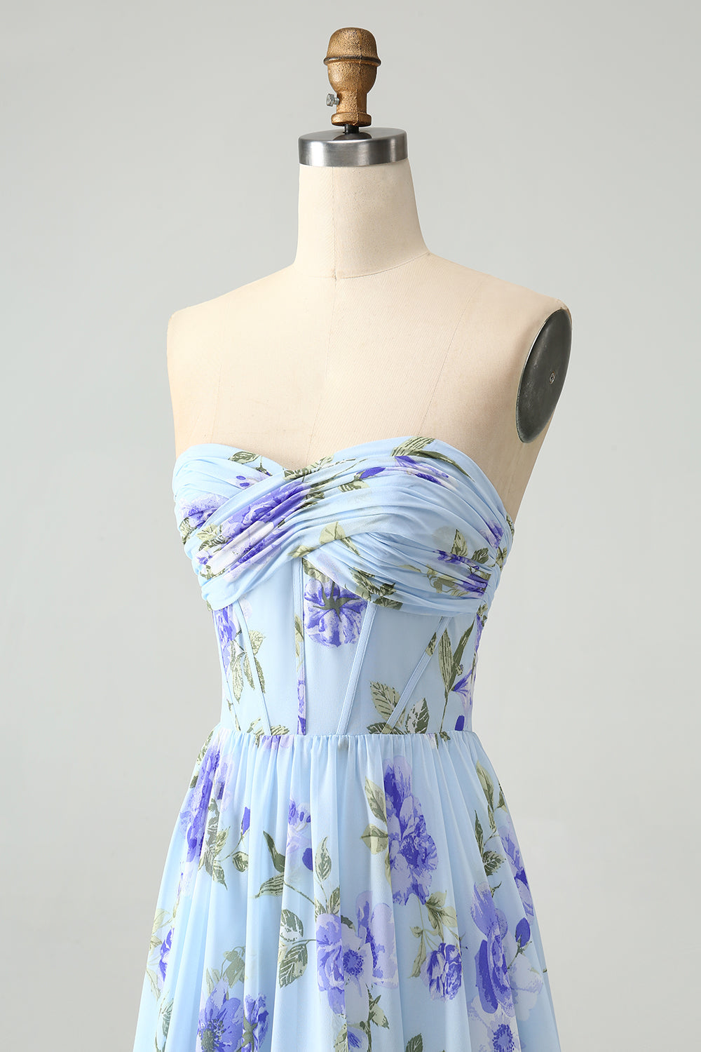 Blue Floral A-Line Strapless Pleated Maxi Dress