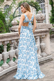 A Line White Blue Flower Ruffled High-Low Dress