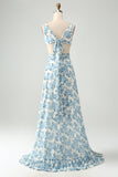 A Line White Blue Flower Ruffled High-Low Dress