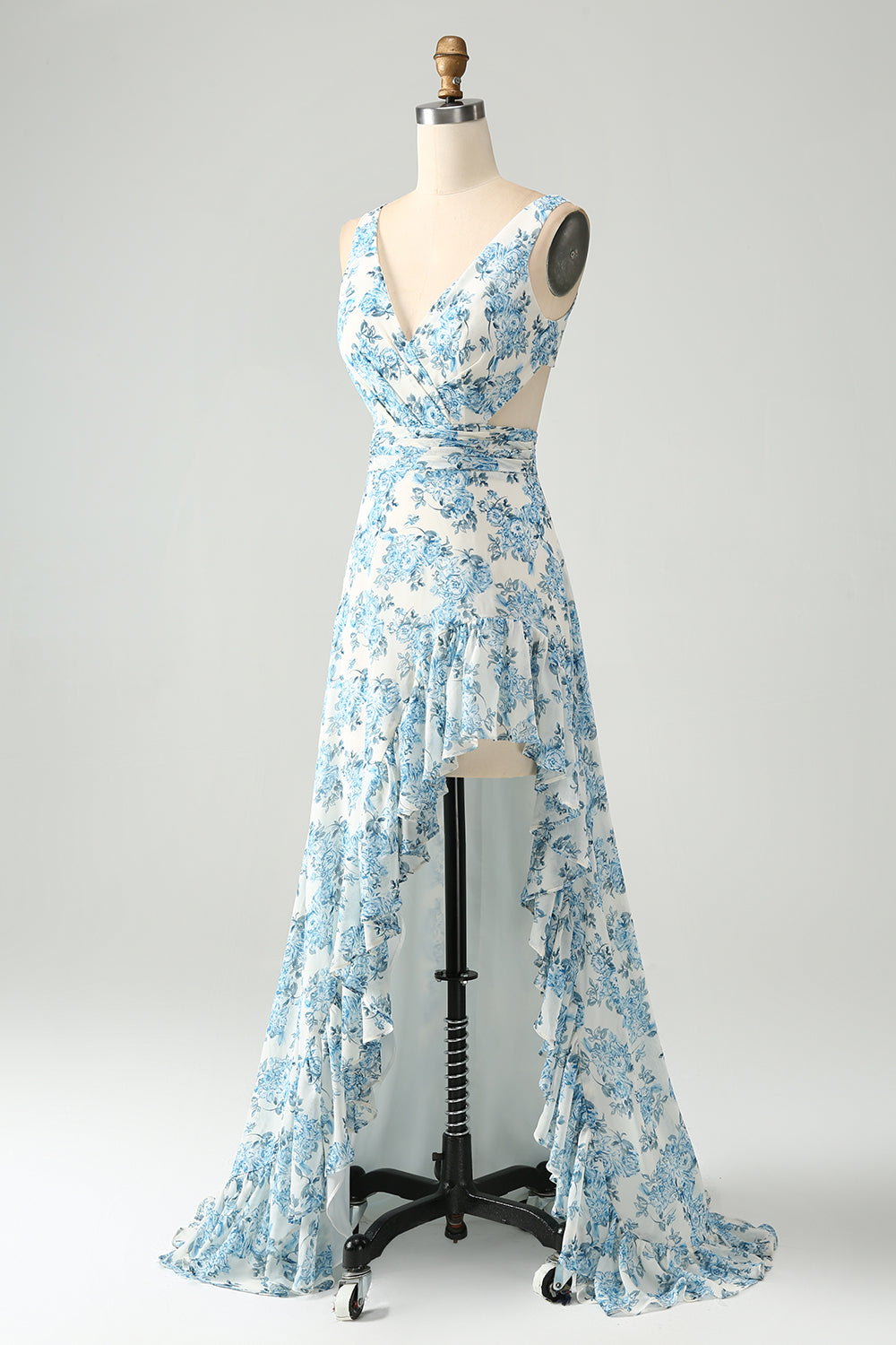 A Line White Blue Flower Ruffled High-Low Dress