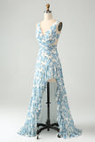A Line White Blue Flower Ruffled High-Low Dress