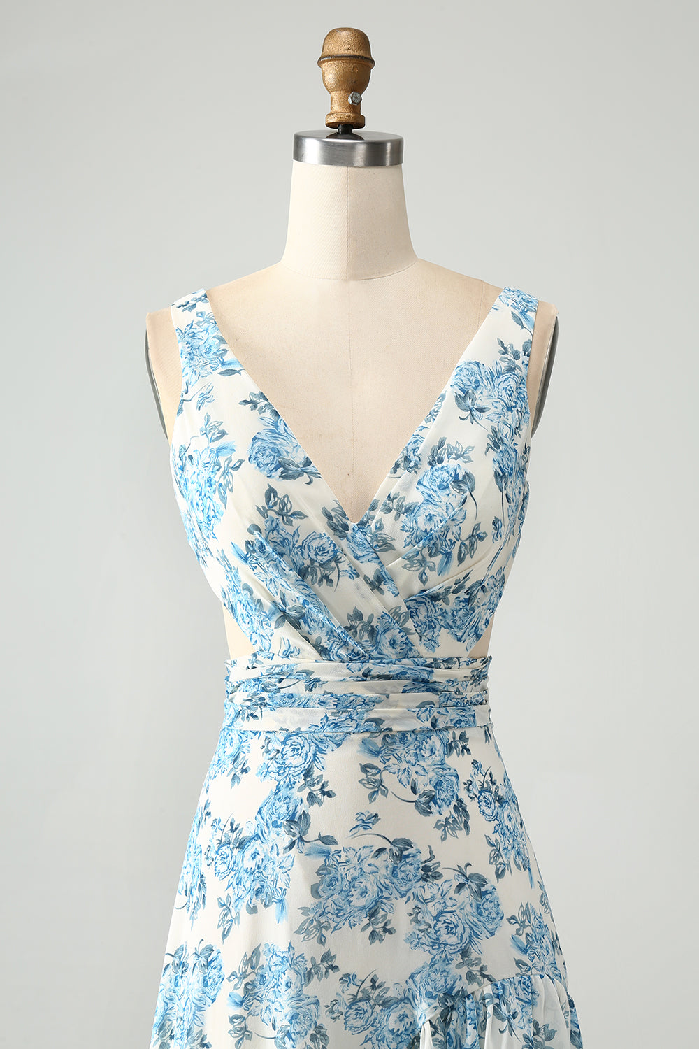 A Line White Blue Flower Ruffled High-Low Dress