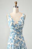 A Line White Blue Flower Ruffled High-Low Dress