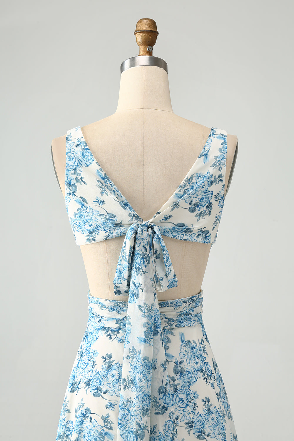 A Line White Blue Flower Ruffled High-Low Dress