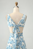 A Line White Blue Flower Ruffled High-Low Dress