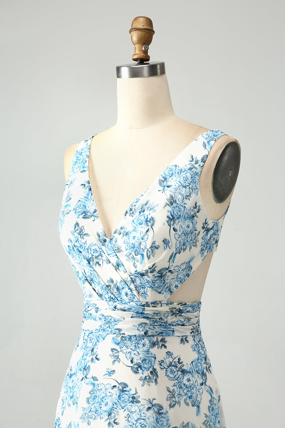 A Line White Blue Flower Ruffled High-Low Dress