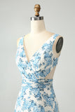 A Line White Blue Flower Ruffled High-Low Dress