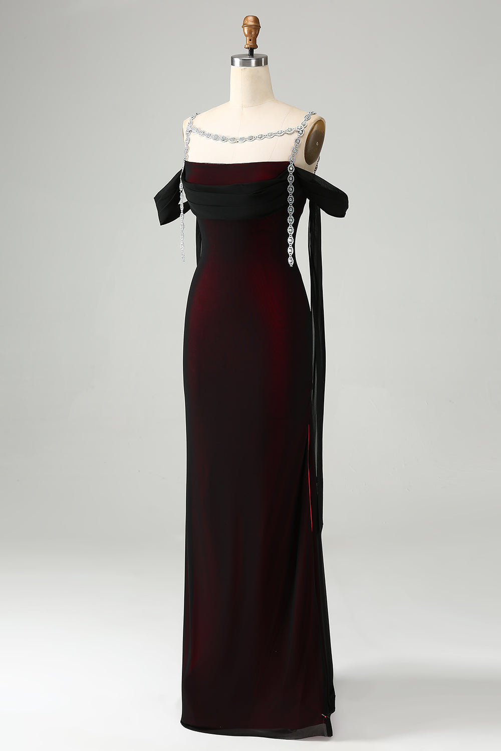 Sparkly Black Red Sheath Cold Shoulder Long Bridesmaid Dress
