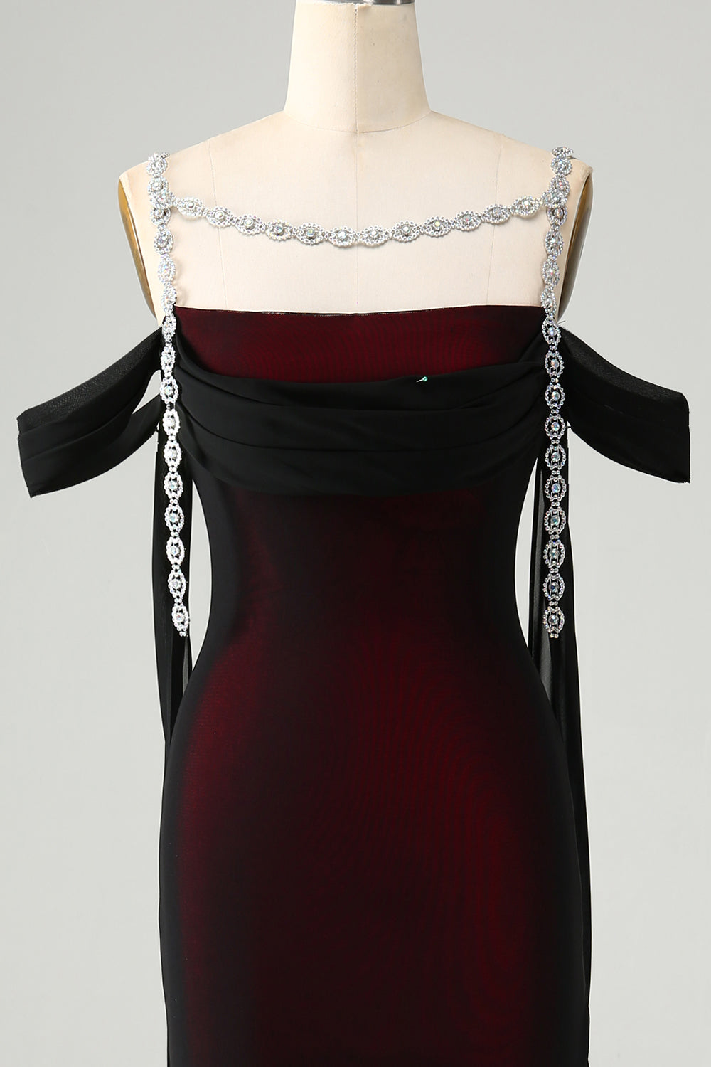 Sparkly Black Red Sheath Cold Shoulder Long Bridesmaid Dress