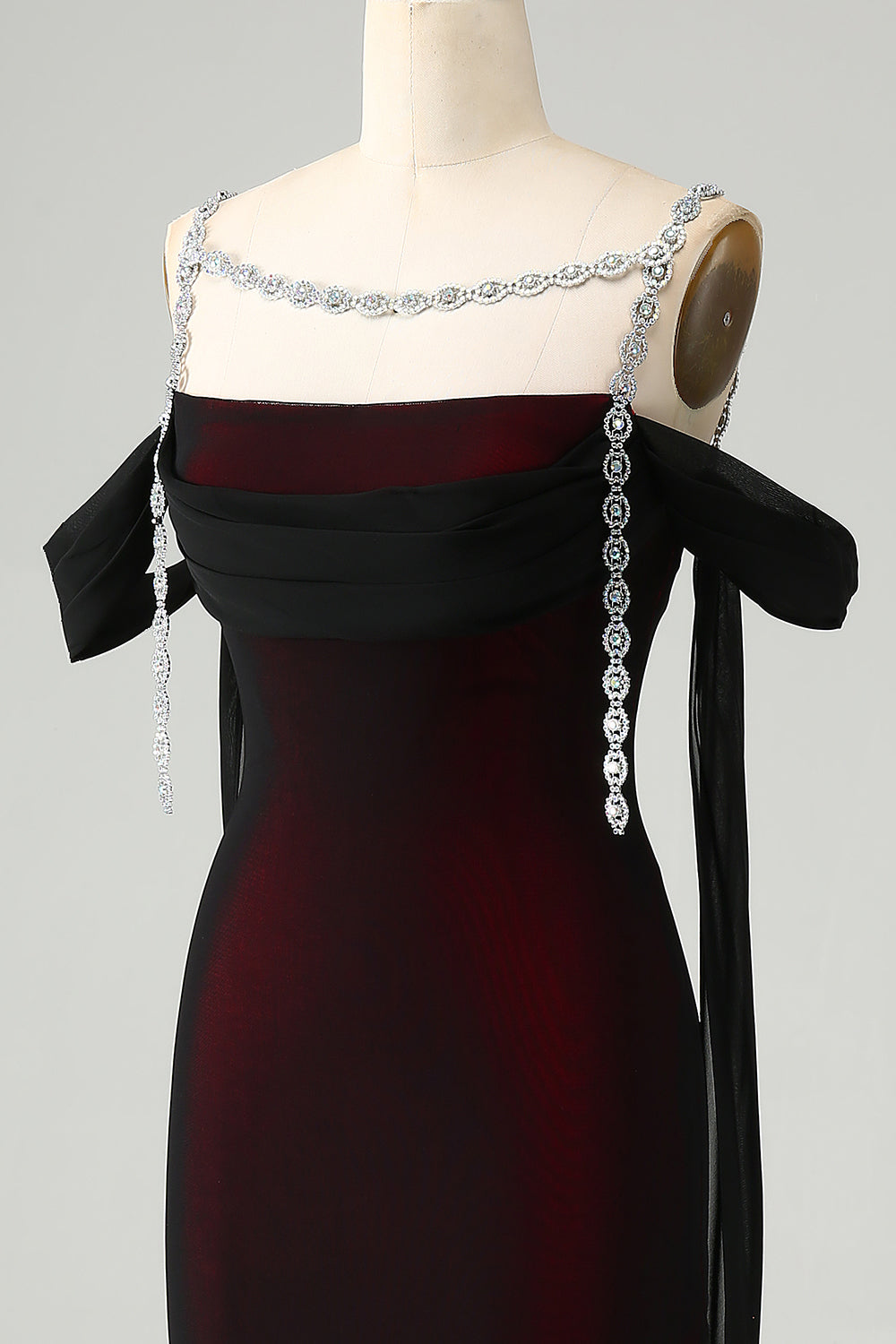 Sparkly Black Red Sheath Cold Shoulder Long Bridesmaid Dress