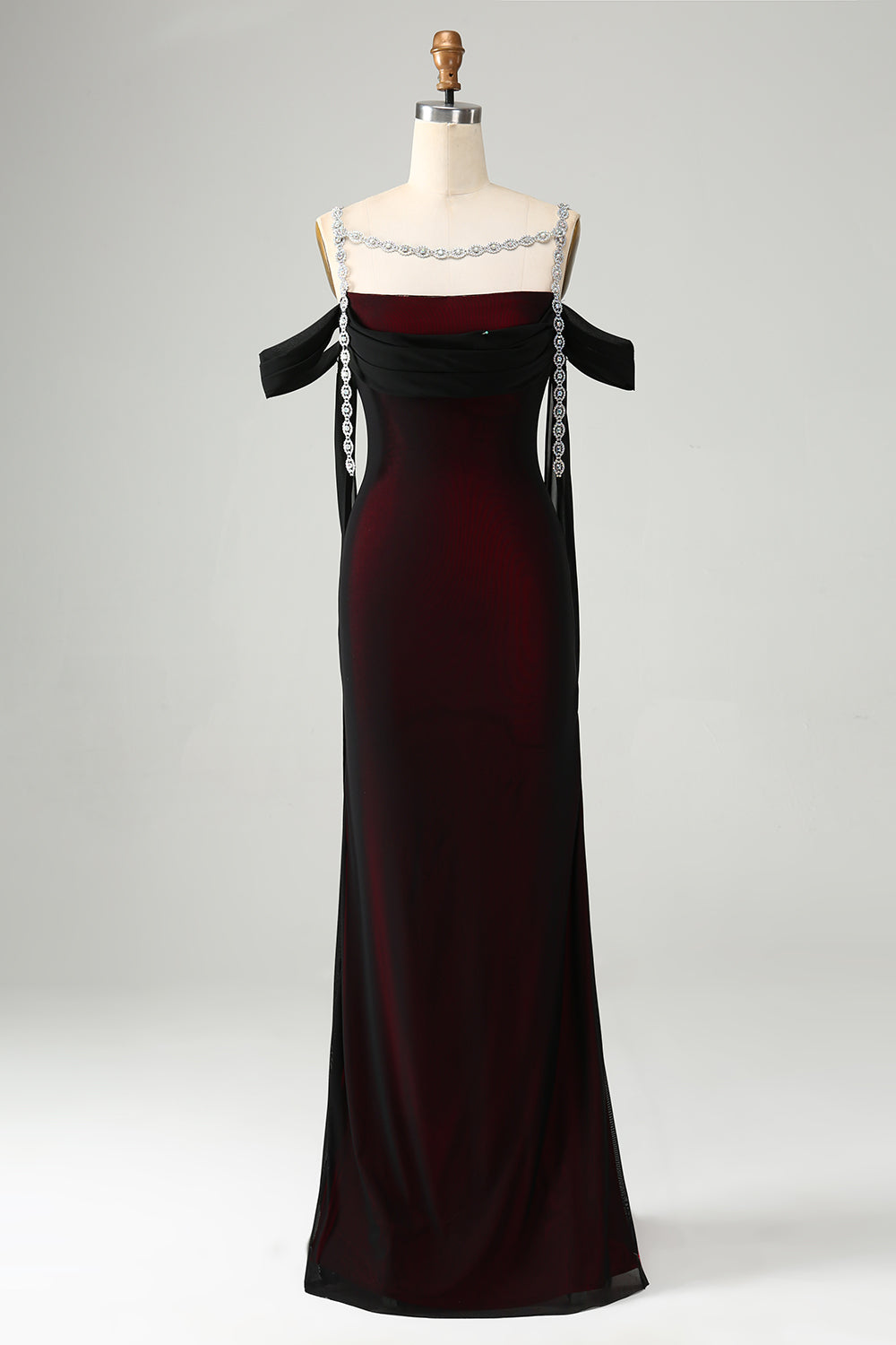 Sparkly Black Red Sheath Cold Shoulder Long Bridesmaid Dress