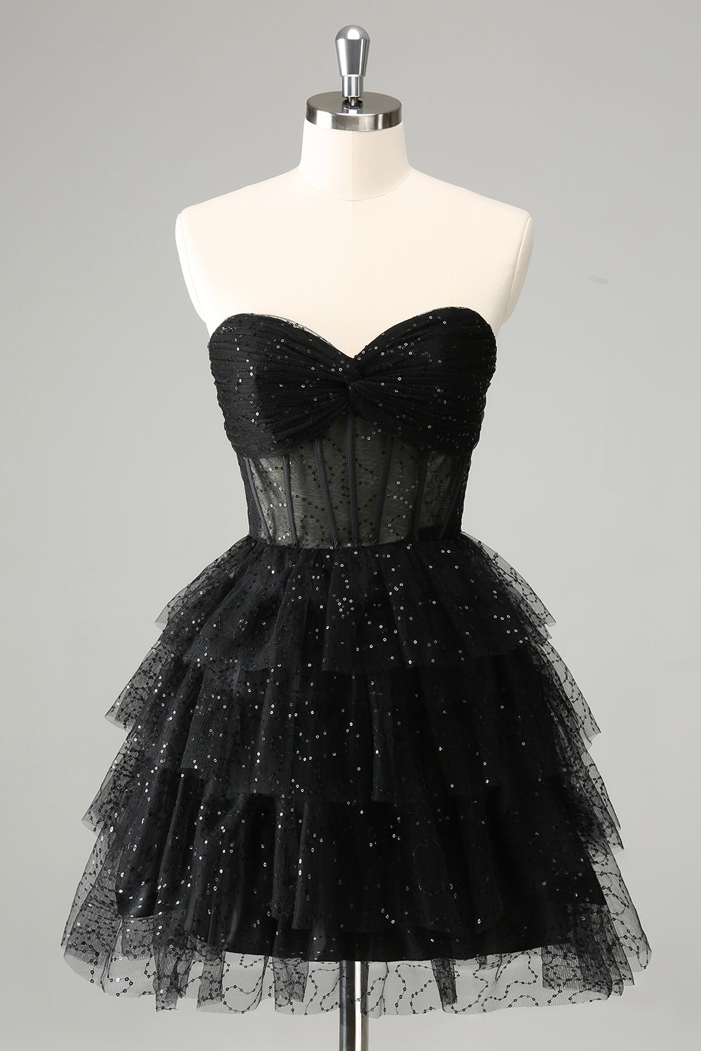 Sparkly A Line Sweetheart Tiered Corset Cute Little Black Dress