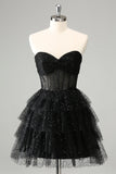Sparkly A Line Sweetheart Tiered Corset Cute Little Black Dress