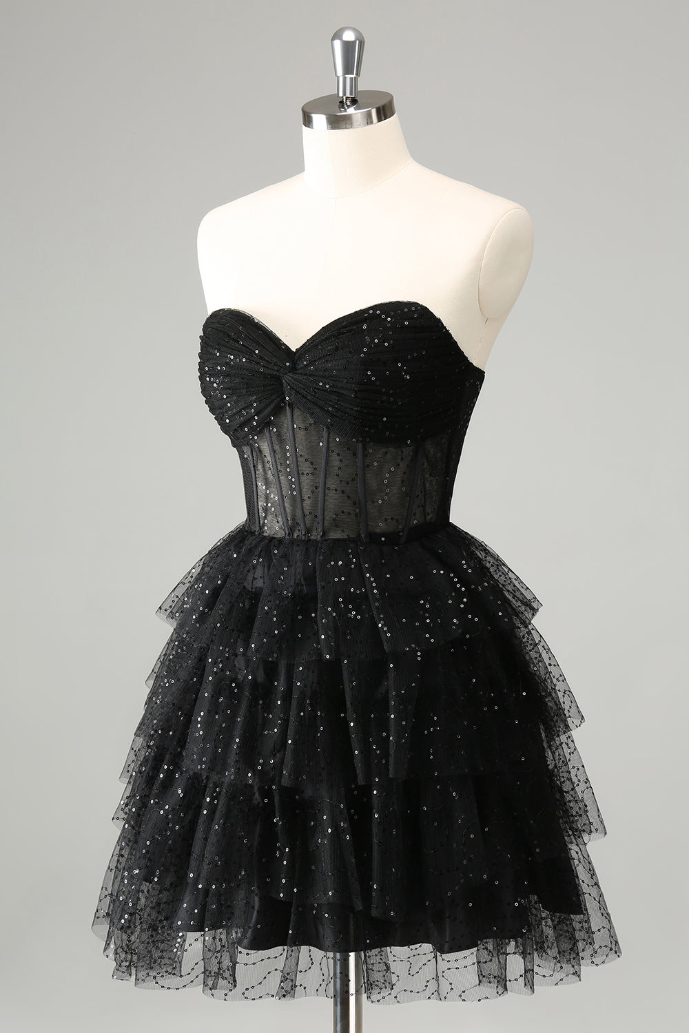 Sparkly A Line Sweetheart Tiered Corset Cute Little Black Dress