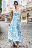 White Blue Flower A Line Spaghetti Straps Wedding Guest Dress