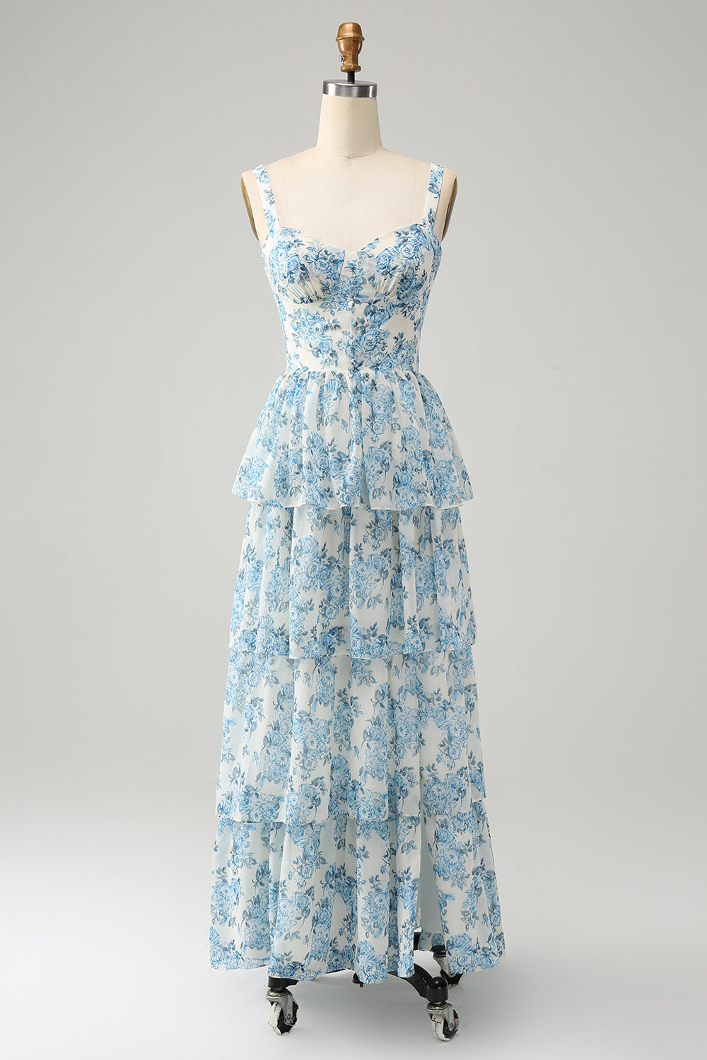 White Blue Floral A-Line Corset Tiered Maxi Dress