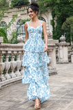 White Blue Floral A-Line Corset Tiered Maxi Dress