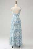 White Blue Floral A-Line Corset Tiered Maxi Dress