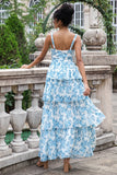 White Blue Floral A-Line Corset Tiered Maxi Dress