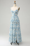 White Blue Floral A-Line Corset Tiered Maxi Dress