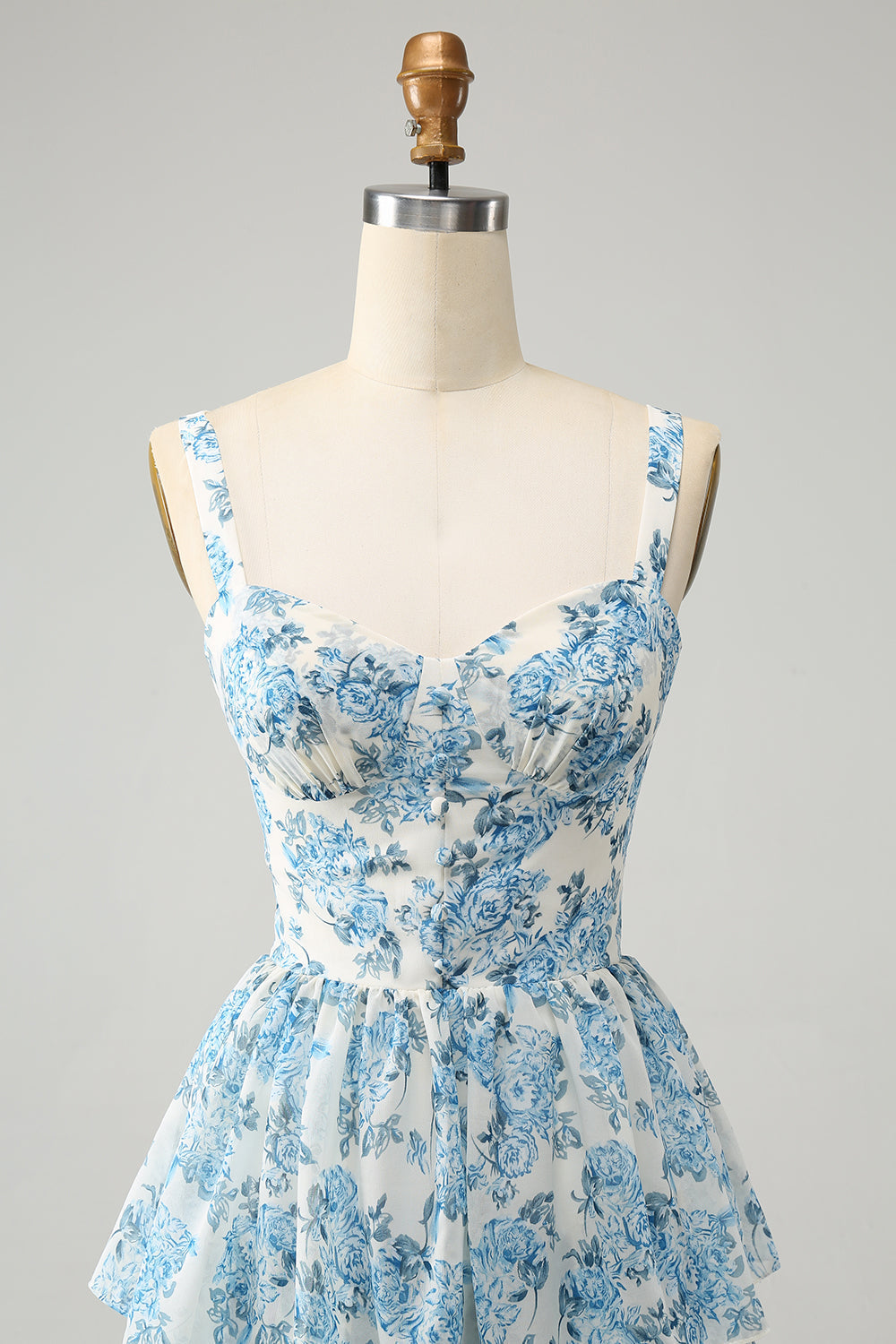 White Blue Floral A-Line Corset Tiered Maxi Dress