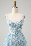 White Blue Floral A-Line Corset Tiered Maxi Dress