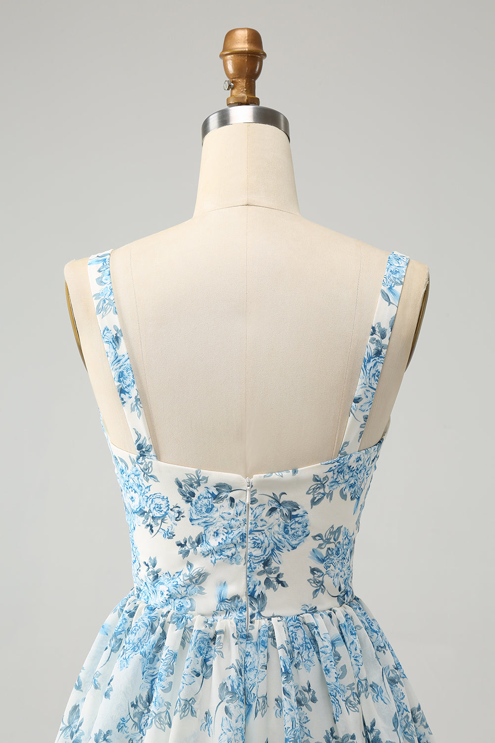 White Blue Floral A-Line Corset Tiered Maxi Dress