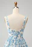 White Blue Floral A-Line Corset Tiered Maxi Dress