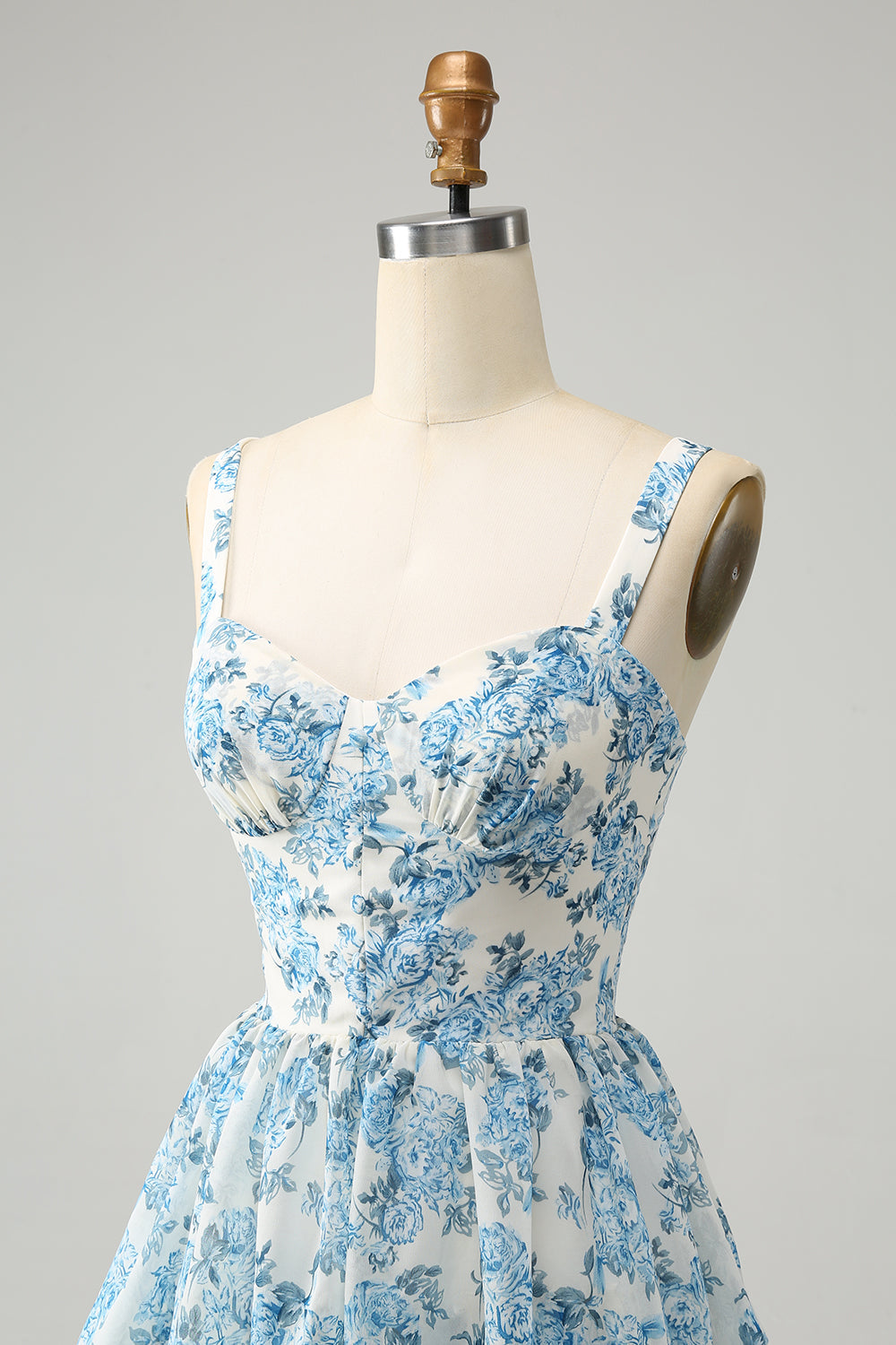 White Blue Floral A-Line Corset Tiered Maxi Dress