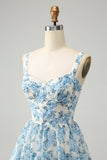 White Blue Floral A-Line Corset Tiered Maxi Dress