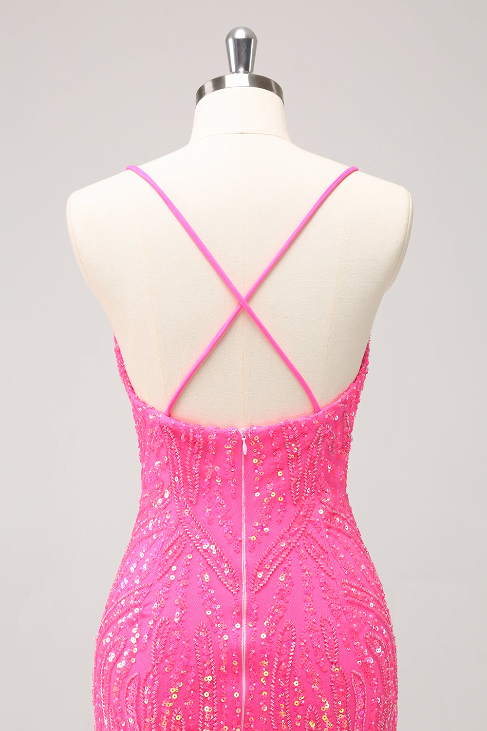 Sparkly Hot Pink Tight Sequins V Neck Graduation Dress with Fringes