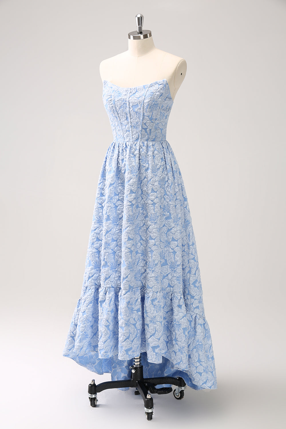 Blue Floral Strapless A-Line High Low Dress