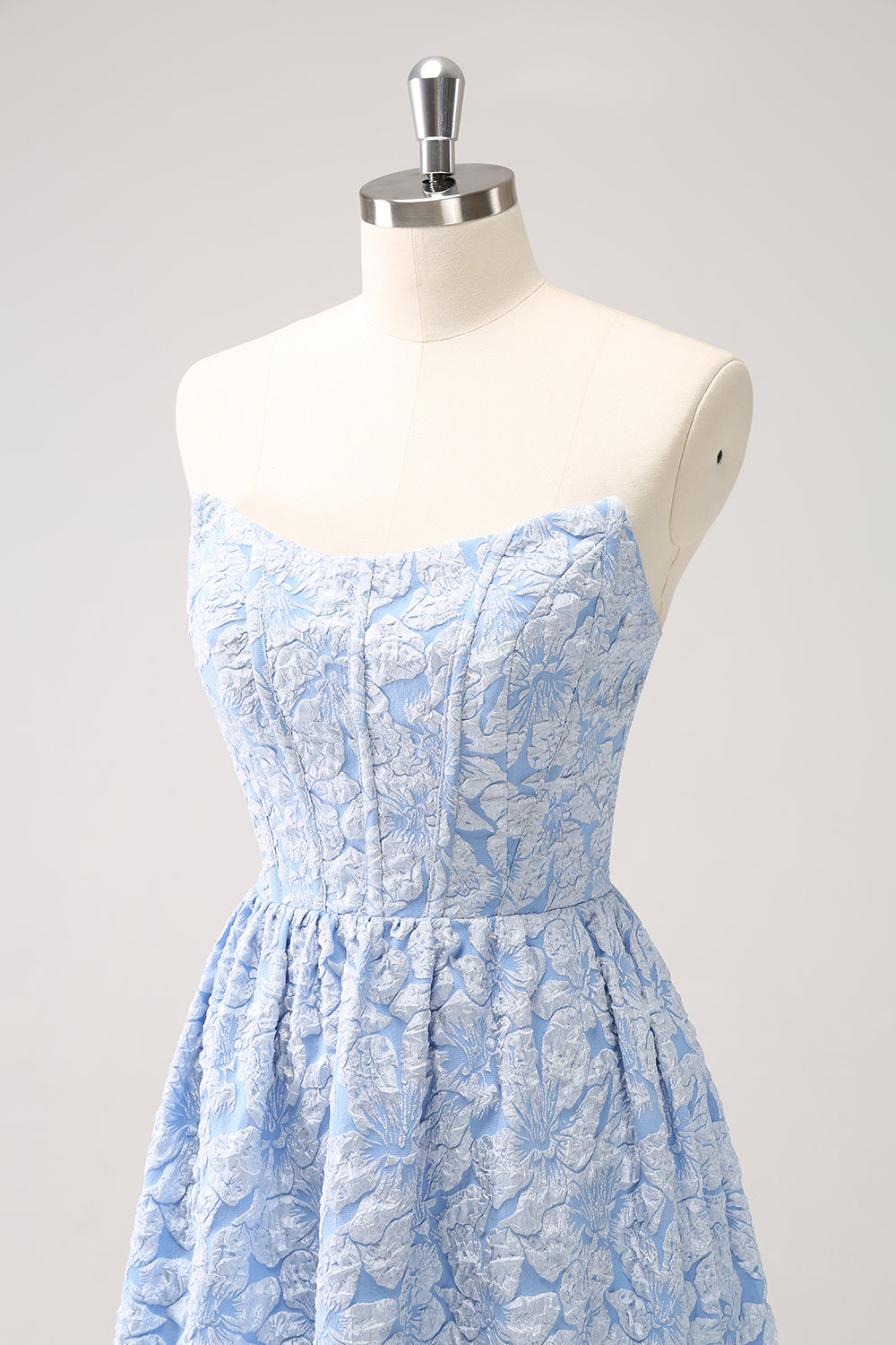 Blue Floral Strapless A-Line High Low Dress