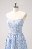 Blue Floral Strapless A-Line High Low Dress