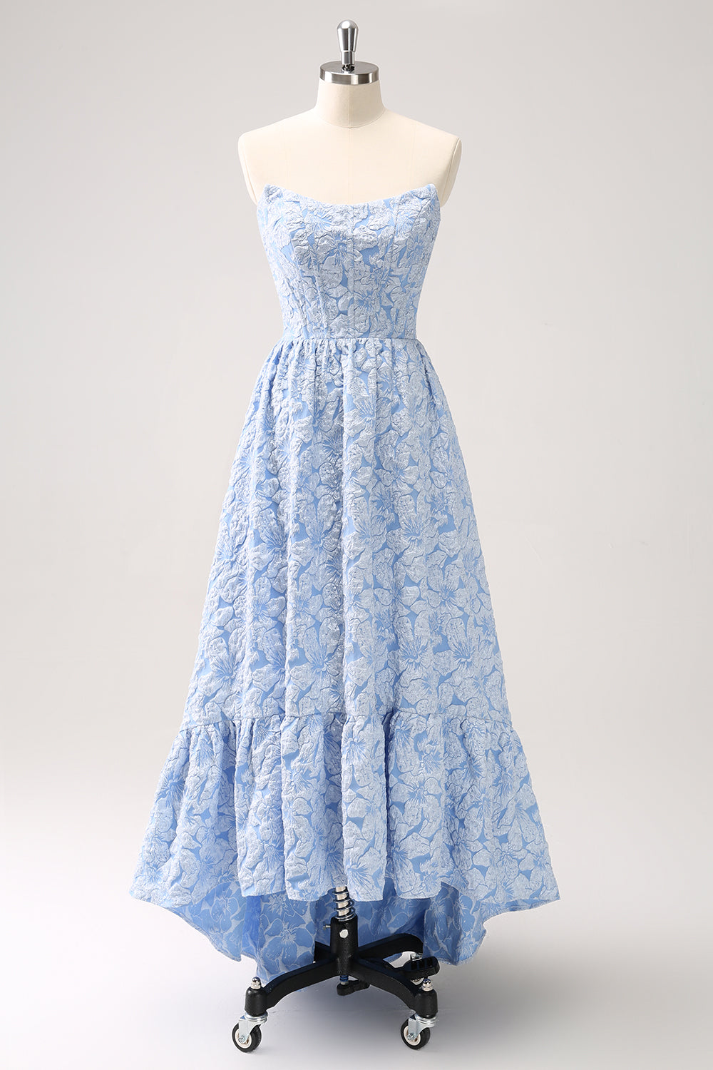 Blue Floral Strapless A-Line High Low Dress