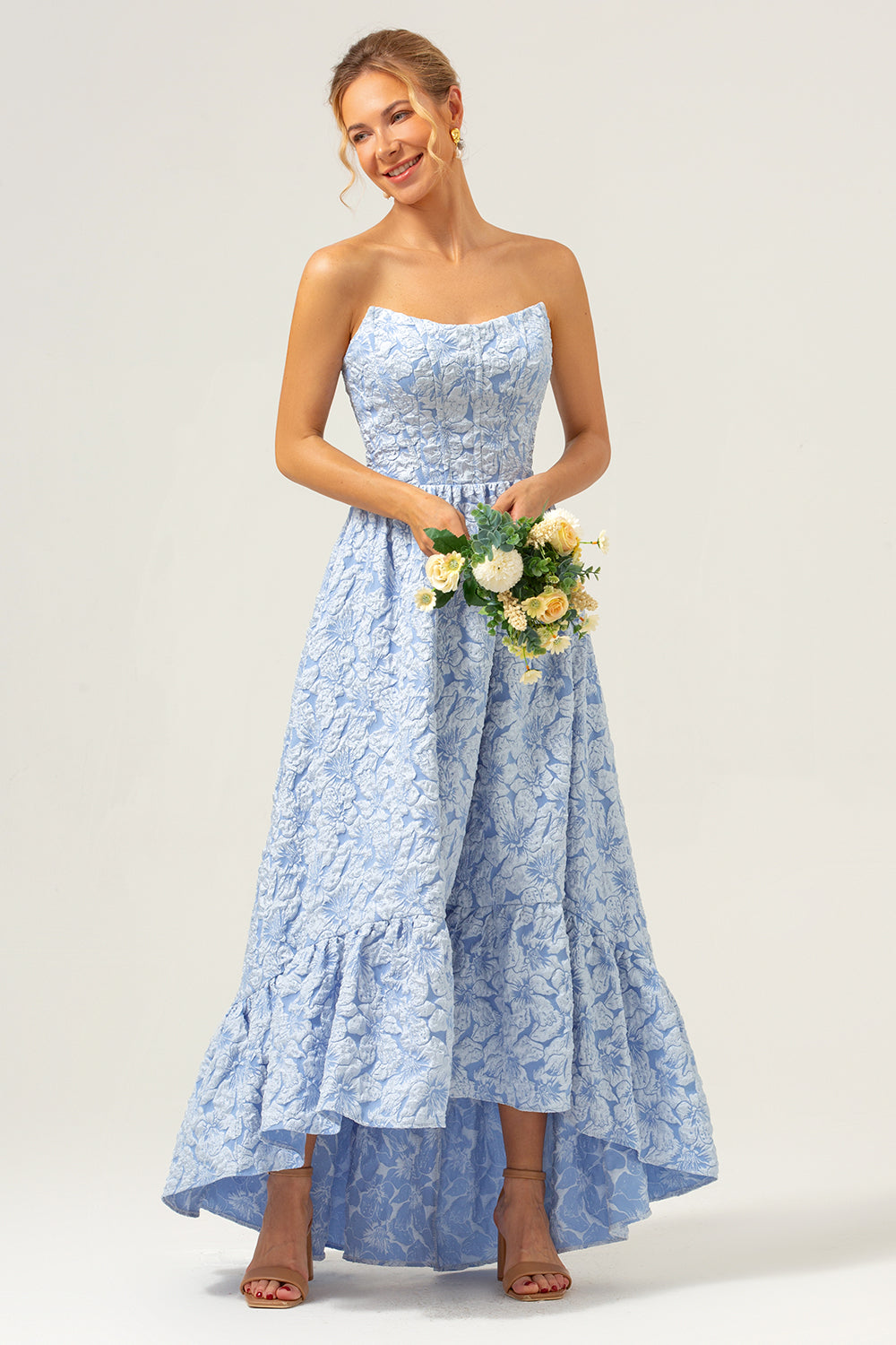 Blue Floral Strapless A-Line High Low Dress