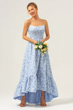 Blue Floral Strapless A-Line High Low Dress