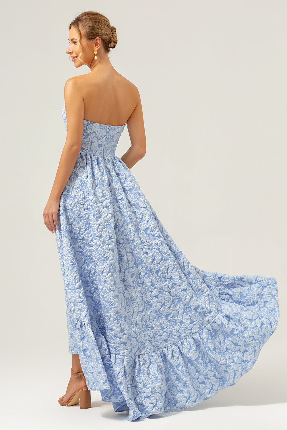 Blue Floral Strapless A-Line High Low Dress