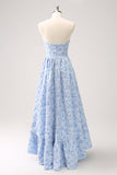 Blue Floral Strapless A-Line High Low Dress