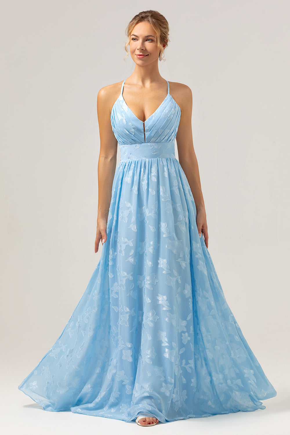 Sparkly Light Blue A Line V-Neck Pleated Prom Dress with Embroidery