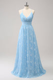 Sparkly Light Blue A Line V-Neck Pleated Prom Dress with Embroidery