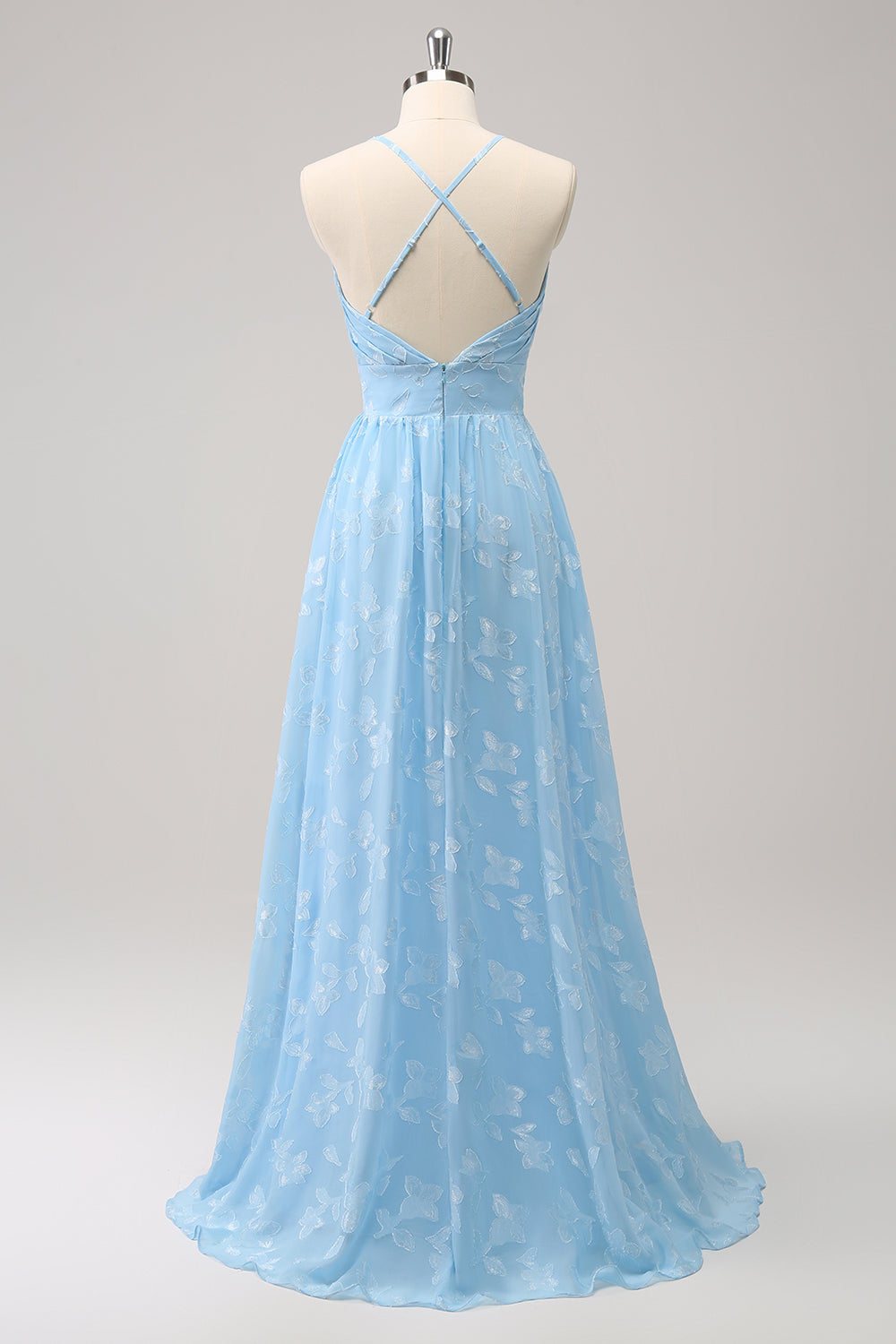 Sparkly Light Blue A Line V-Neck Pleated Prom Dress with Embroidery