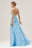 Sparkly Light Blue A Line V-Neck Pleated Prom Dress with Embroidery