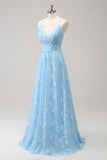 Sparkly Light Blue A Line V-Neck Pleated Prom Dress with Embroidery