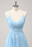 Sparkly Light Blue A Line V-Neck Pleated Prom Dress with Embroidery