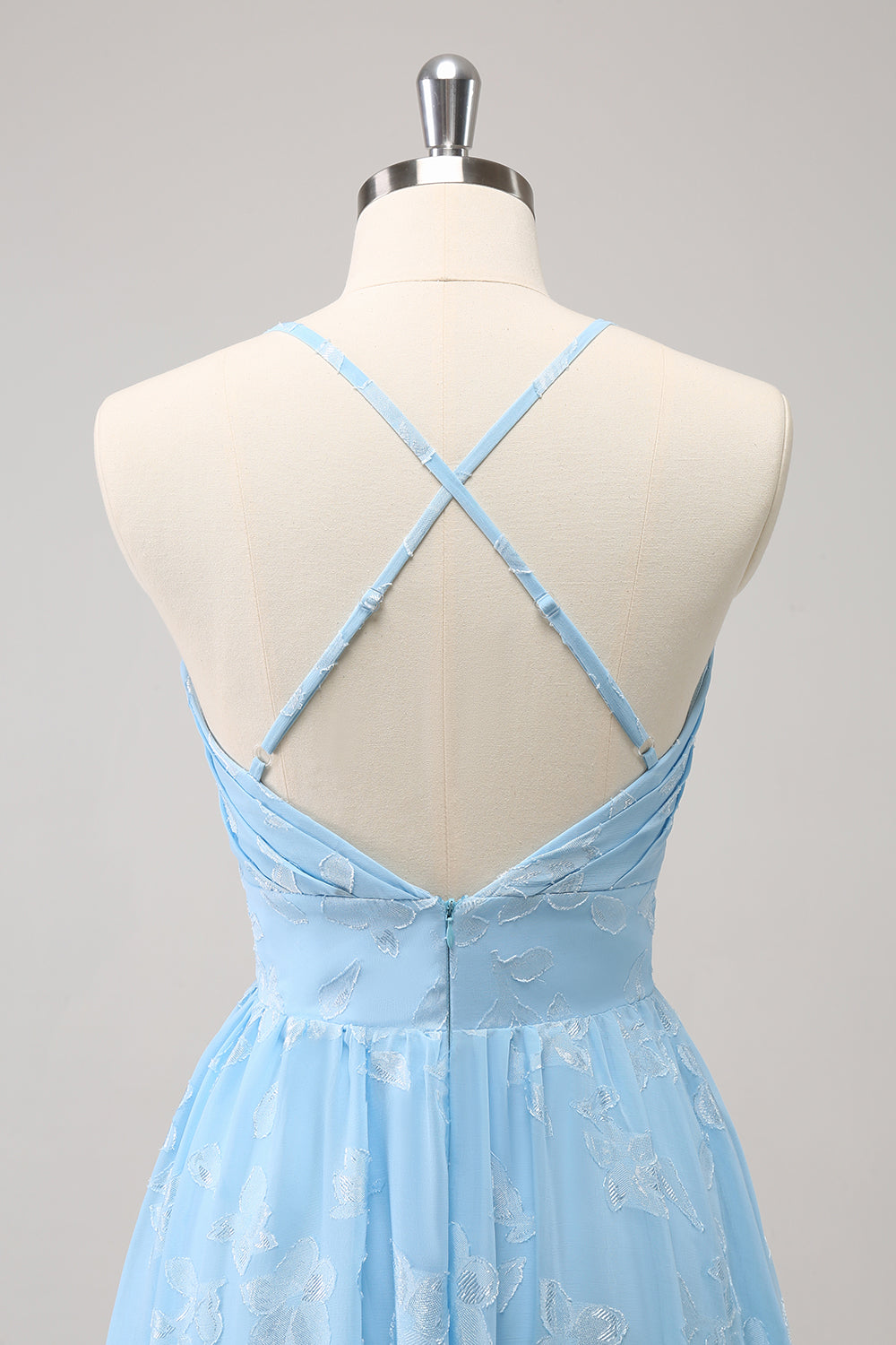 Sparkly Light Blue A Line V-Neck Pleated Prom Dress with Embroidery
