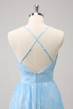Sparkly Light Blue A Line V-Neck Pleated Prom Dress with Embroidery