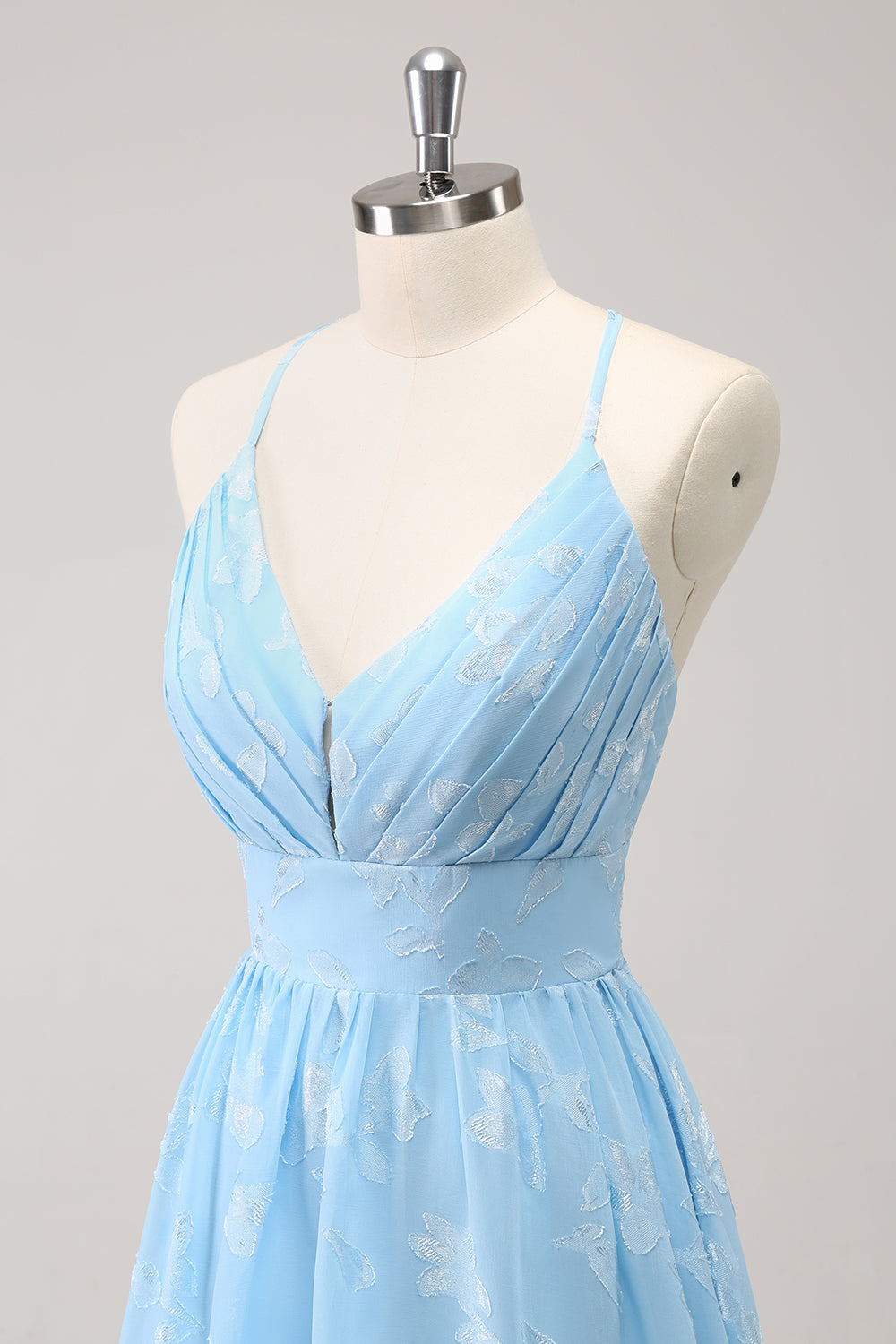 Sparkly Light Blue A Line V-Neck Pleated Prom Dress with Embroidery