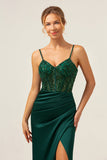 Dark Green Mermaid Corset Maxi Bridesmaid Dress with Slit