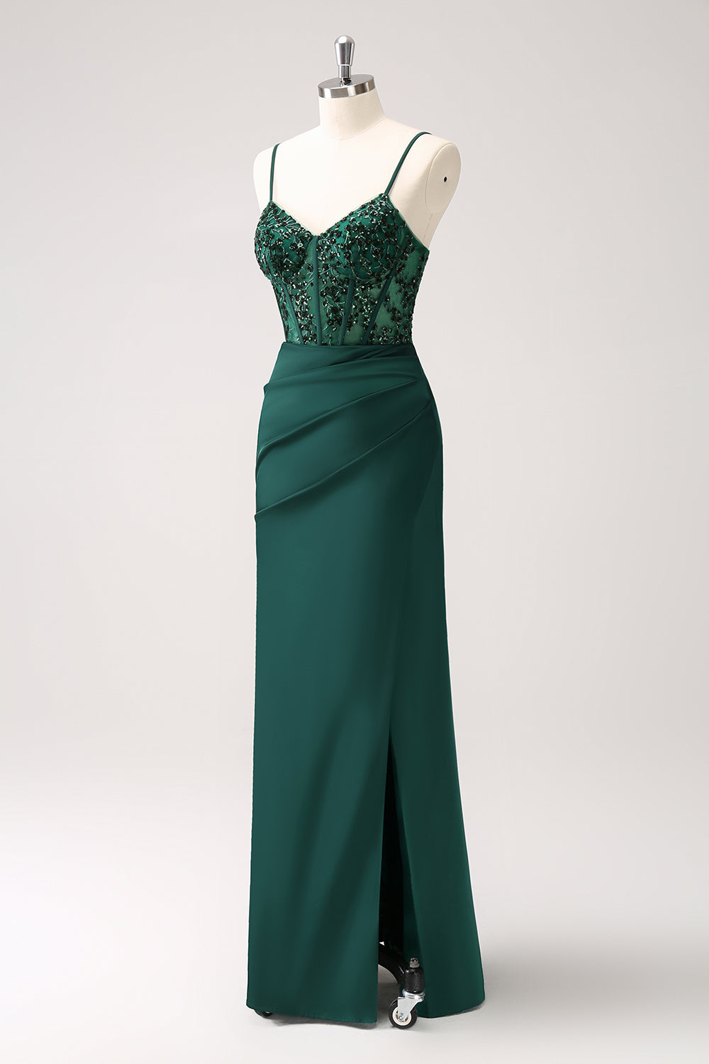 Dark Green Sheath Spaghetti Straps Satin Long Bridesmaid Dress with Slit
